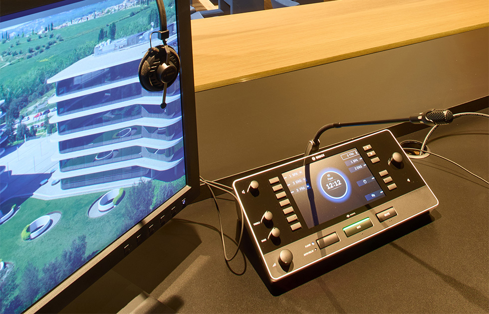 A room designed to facilitate real-time multilingual translation during conferences and events.